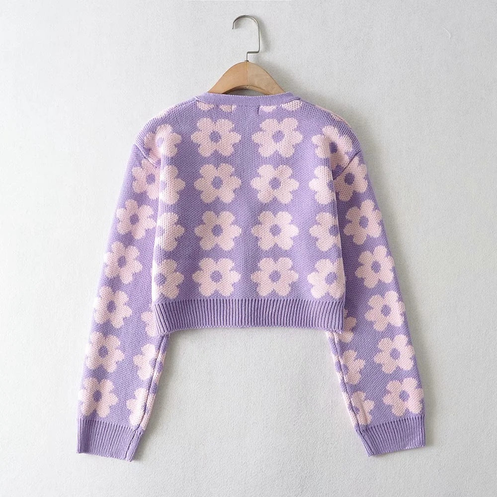 Single-breasted FLoral V-neck Knitting Sweater Cardigan