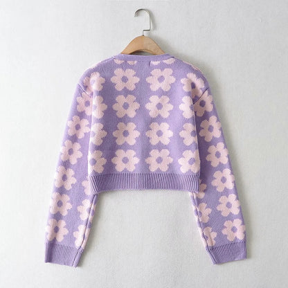 Single-breasted FLoral V-neck Knitting Sweater Cardigan