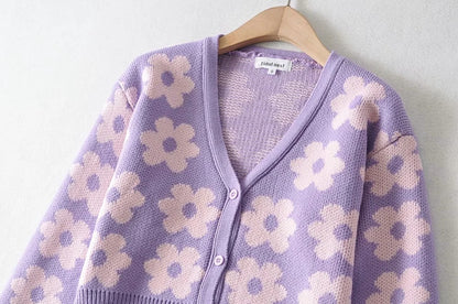 Single-breasted FLoral V-neck Knitting Sweater Cardigan