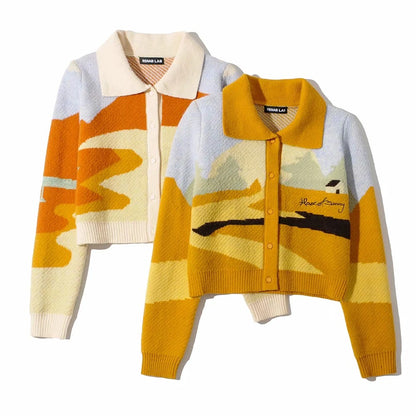 Contrast Printing Single-breasted Knitting Sweater Cardigans