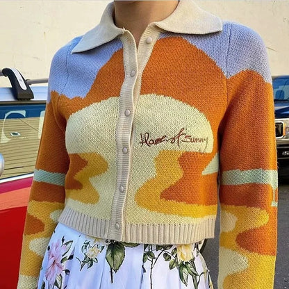 Contrast Printing Single-breasted Knitting Sweater Cardigans