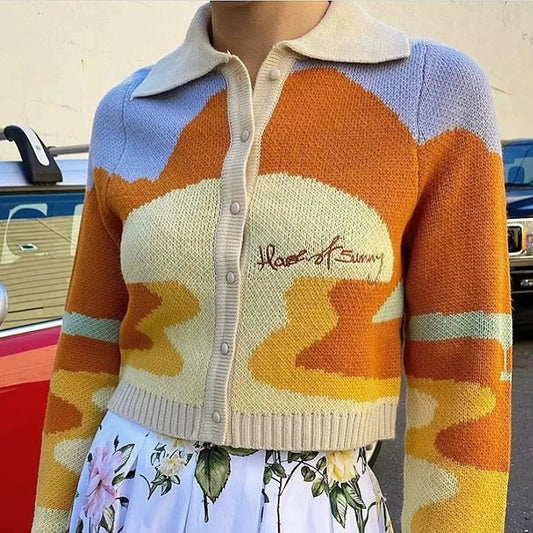 Contrast Printing Single-breasted Knitting Sweater Cardigans