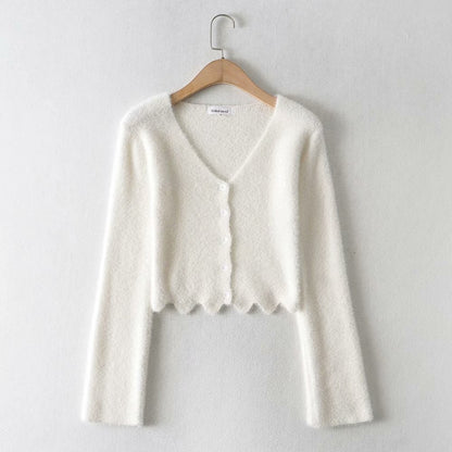 Single-breasted V-neck Ruffles Hem Knitting Cardigans
