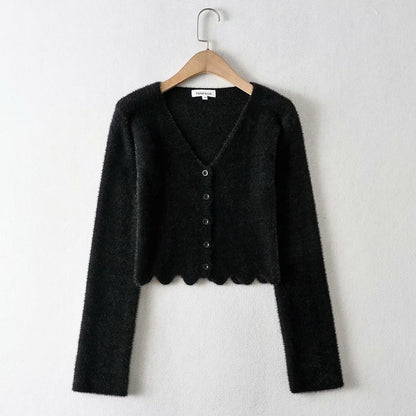 Single-breasted V-neck Ruffles Hem Knitting Cardigans