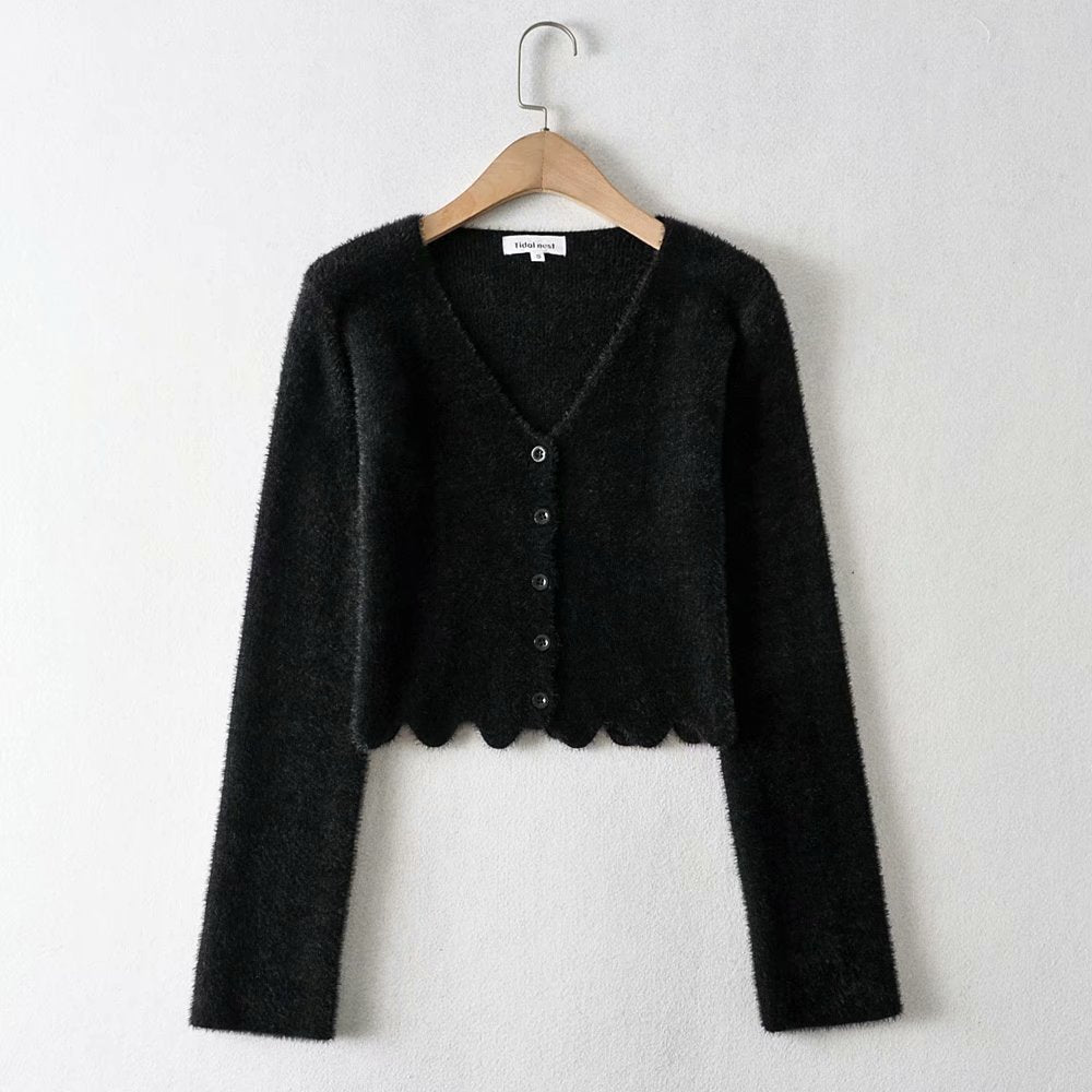 Single-breasted V-neck Ruffles Hem Knitting Cardigans