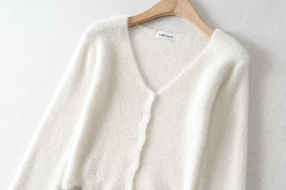 Single-breasted V-neck Ruffles Hem Knitting Cardigans