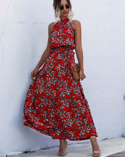 Floral Red Bohemian Boho Printed Hanging Neck Straps Maxi Dresses