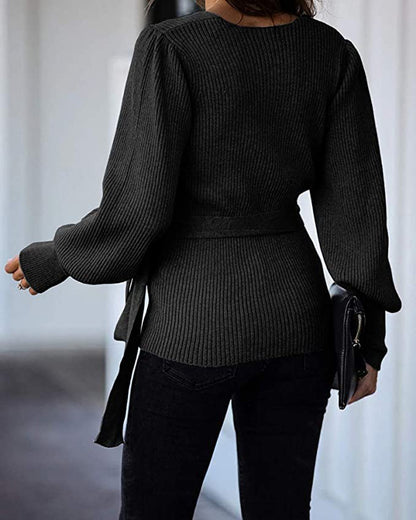 Lantern Sleeve Bow Tie V-neck Knit Sweaters Cardigans
