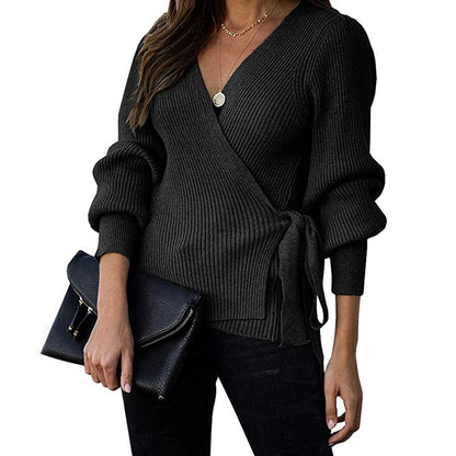 Lantern Sleeve Bow Tie V-neck Knit Sweaters Cardigans