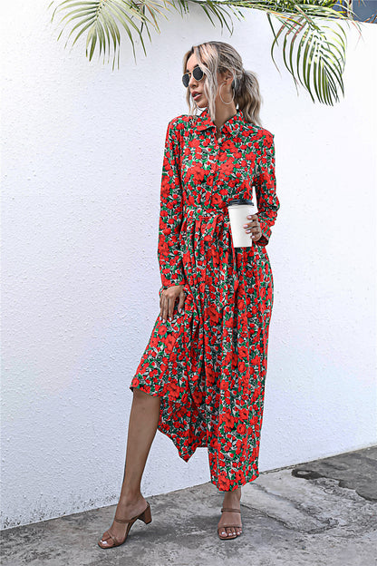 Long Sleeve Floral Print Lapel Shirt Midi Maxi Dress