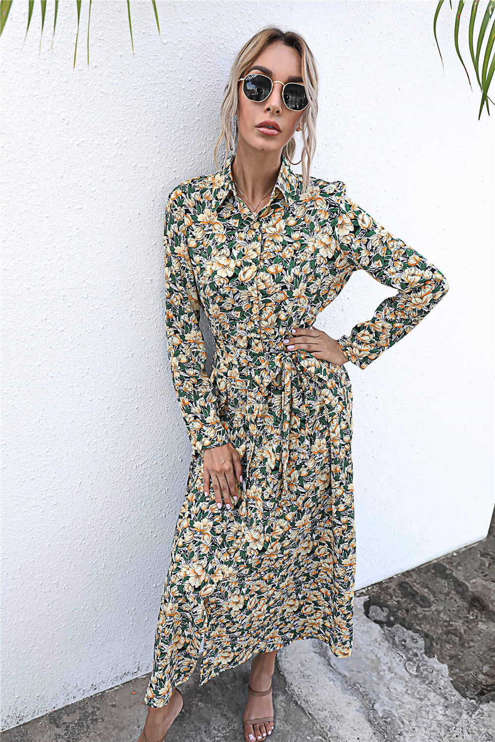 Long Sleeve Floral Print Lapel Shirt Midi Maxi Dress