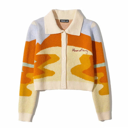 Contrast Printing Single-breasted Knitting Sweater Cardigans