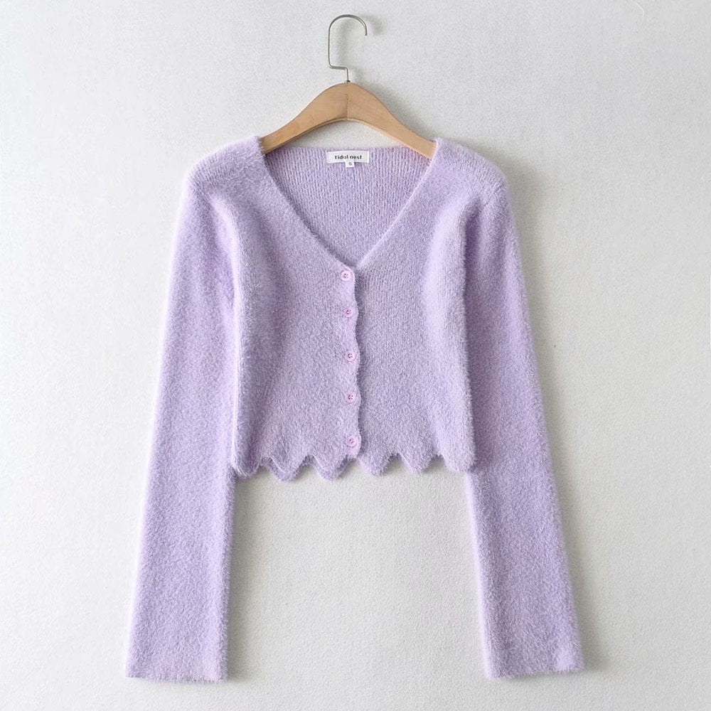 Single-breasted V-neck Ruffles Hem Knitting Cardigans