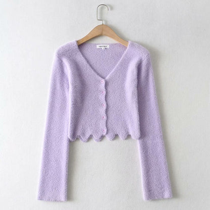 Single-breasted V-neck Ruffles Hem Knitting Cardigans