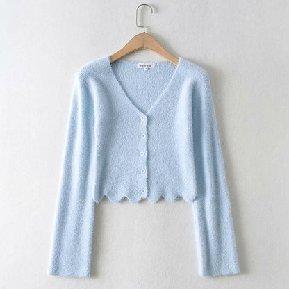 Single-breasted V-neck Ruffles Hem Knitting Cardigans