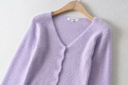 Single-breasted V-neck Ruffles Hem Knitting Cardigans