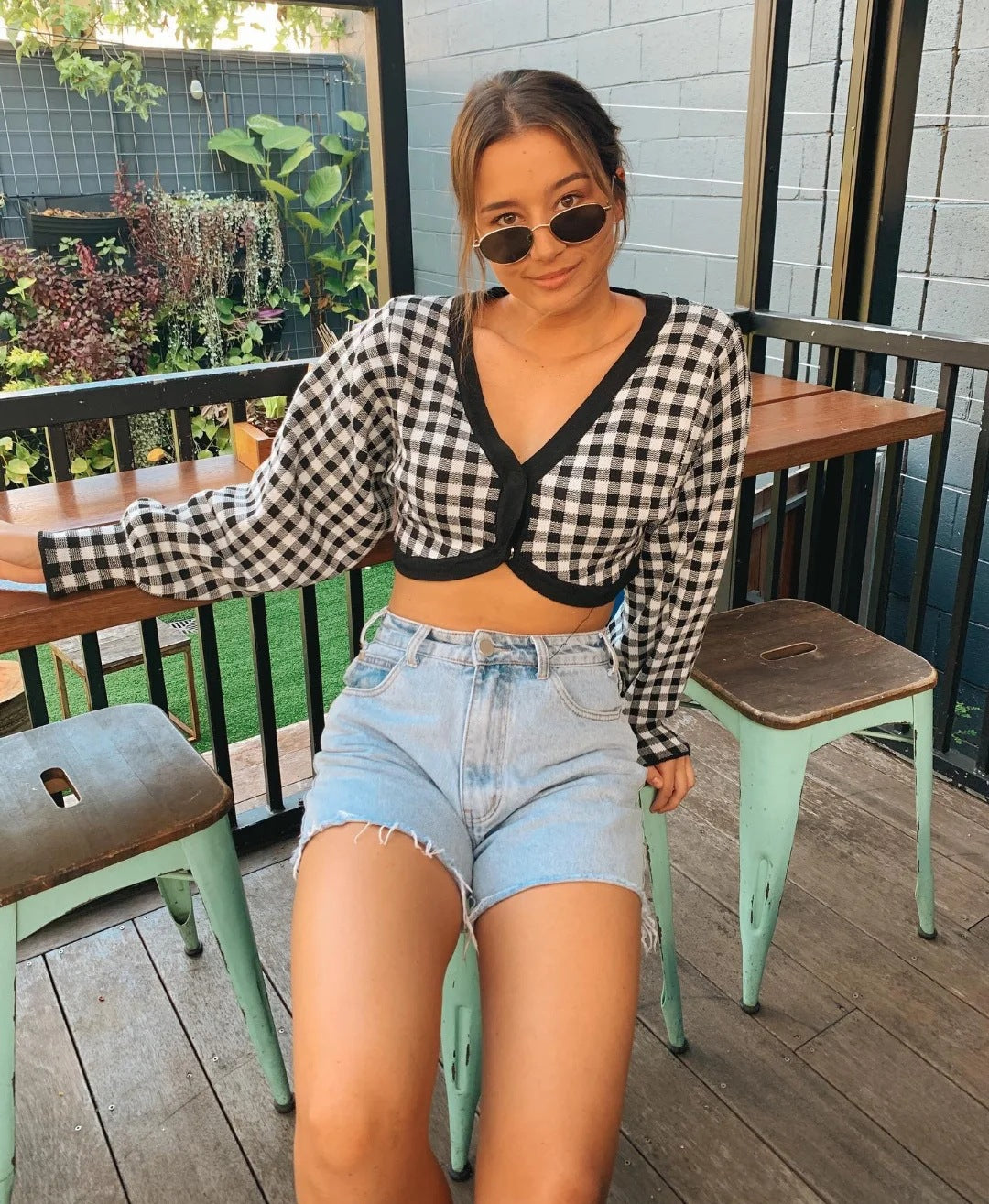 Single-breasted V-neck Lattice Grid Knitting Cardigans Sweaters