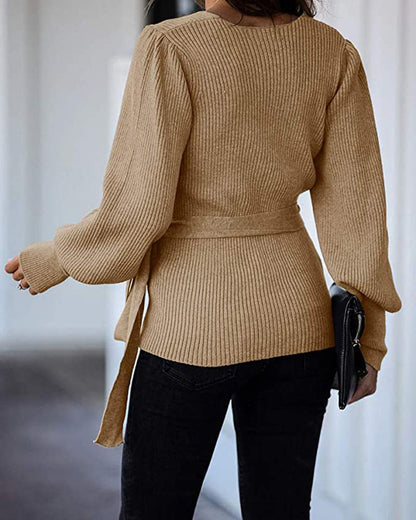 Lantern Sleeve Bow Tie V-neck Knit Sweaters Cardigans