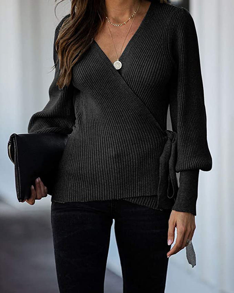 Lantern Sleeve Bow Tie V-neck Knit Sweaters Cardigans