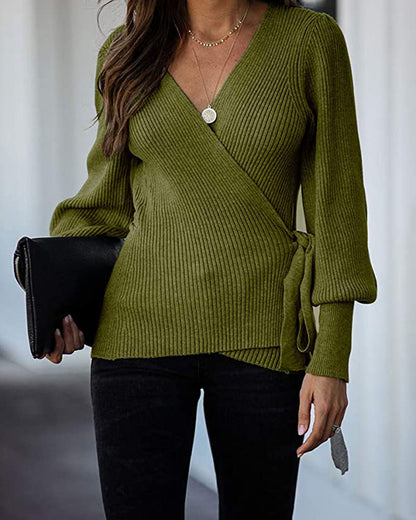 Lantern Sleeve Bow Tie V-neck Knit Sweaters Cardigans
