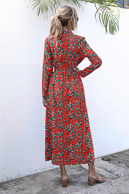 Long Sleeve Floral Print Lapel Shirt Midi Maxi Dress