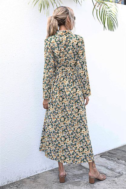 Long Sleeve Floral Print Lapel Shirt Midi Maxi Dress