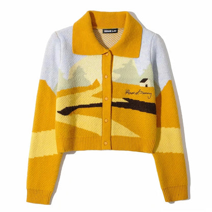 Contrast Printing Single-breasted Knitting Sweater Cardigans