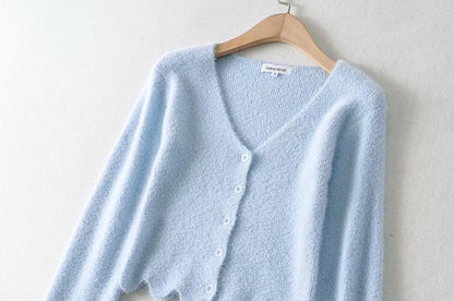 Single-breasted V-neck Ruffles Hem Knitting Cardigans