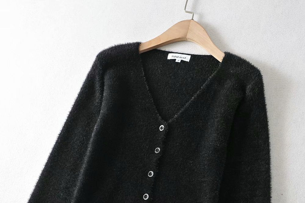 Single-breasted V-neck Ruffles Hem Knitting Cardigans