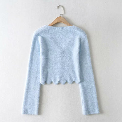 Single-breasted V-neck Ruffles Hem Knitting Cardigans
