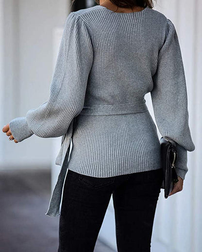 Lantern Sleeve Bow Tie V-neck Knit Sweaters Cardigans