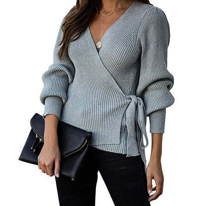 Lantern Sleeve Bow Tie V-neck Knit Sweaters Cardigans