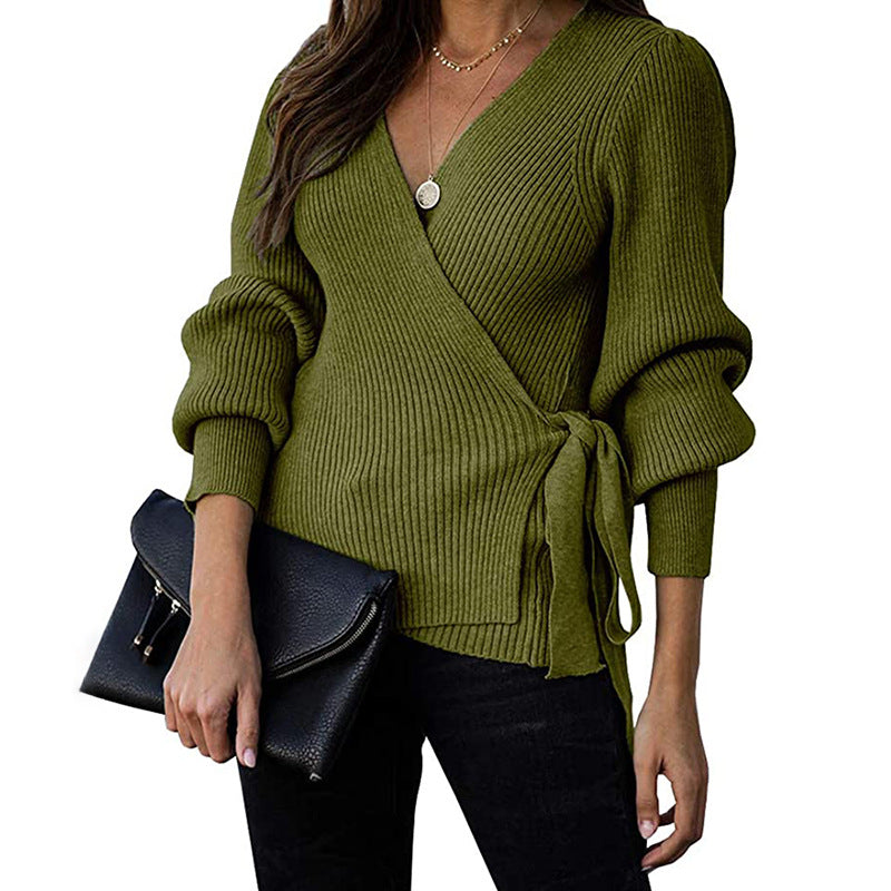 Lantern Sleeve Bow Tie V-neck Knit Sweaters Cardigans