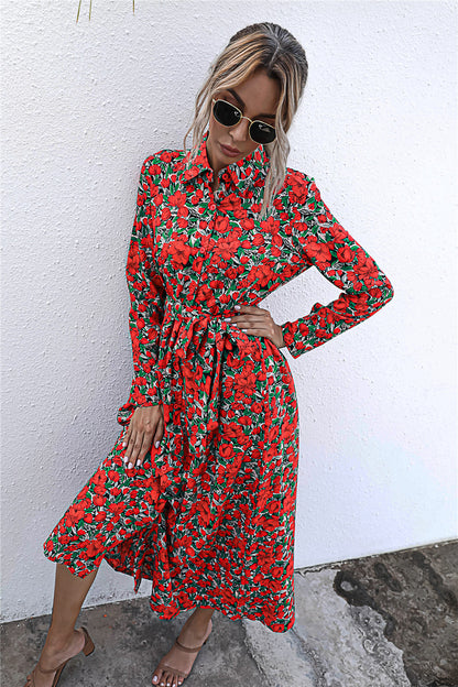 Long Sleeve Floral Print Lapel Shirt Midi Maxi Dress