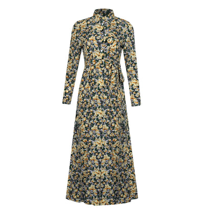 Long Sleeve Floral Print Lapel Shirt Midi Maxi Dress