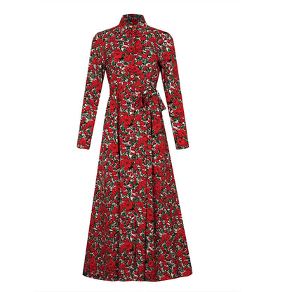Long Sleeve Floral Print Lapel Shirt Midi Maxi Dress