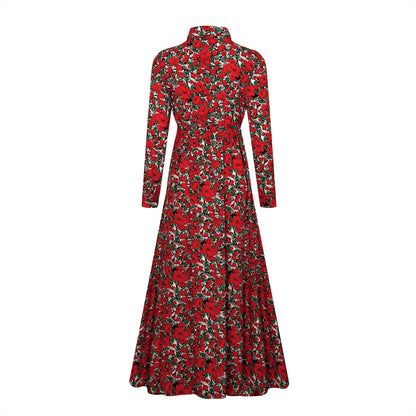Long Sleeve Floral Print Lapel Shirt Midi Maxi Dress