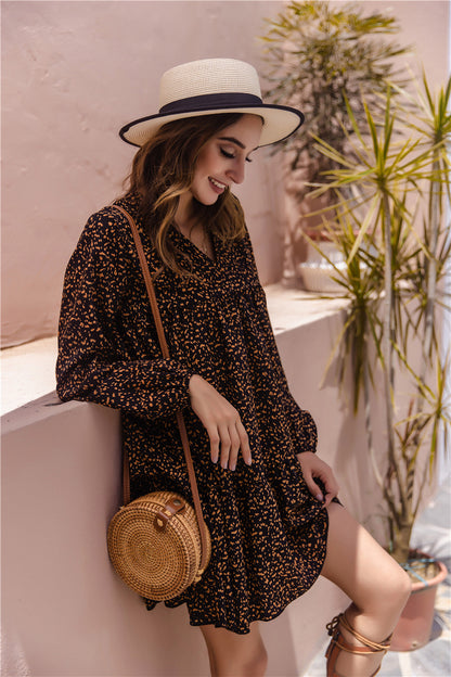Floral V-neck Bubble Sleeves Long Sleeves Mini Dresses