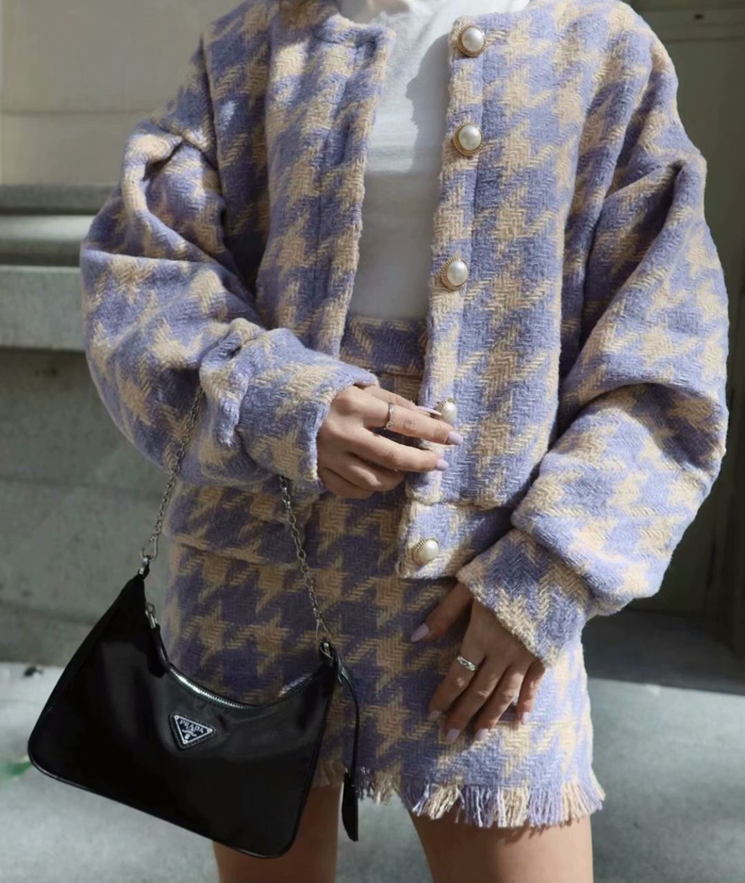 Houndstooth Beaded Buckle Long Sleeve Short Jacket Skirt Dress Suit