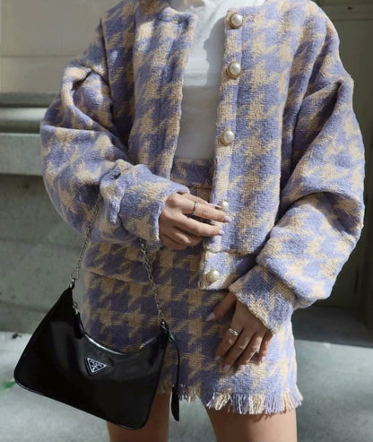 Houndstooth Beaded Buckle Long Sleeve Short Jacket Skirt Dress Suit