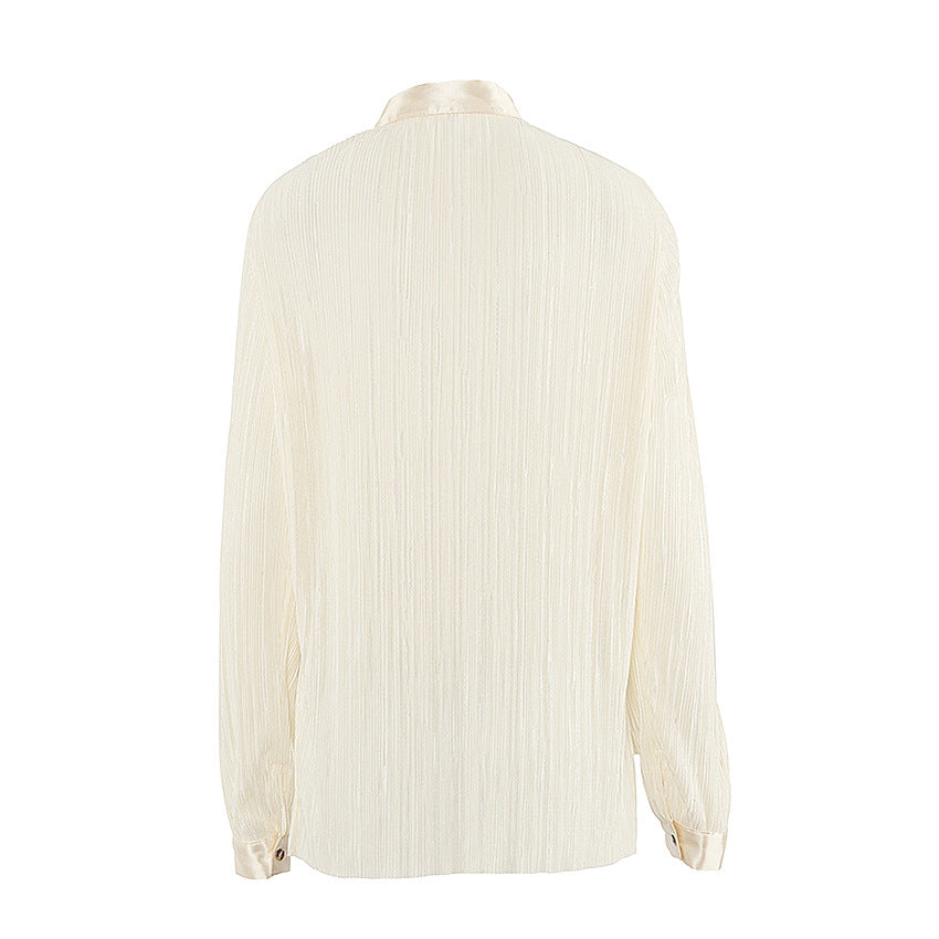 Beige Lapel Pleated Shirt Loose Pants Long Sleeve Two-piece Set