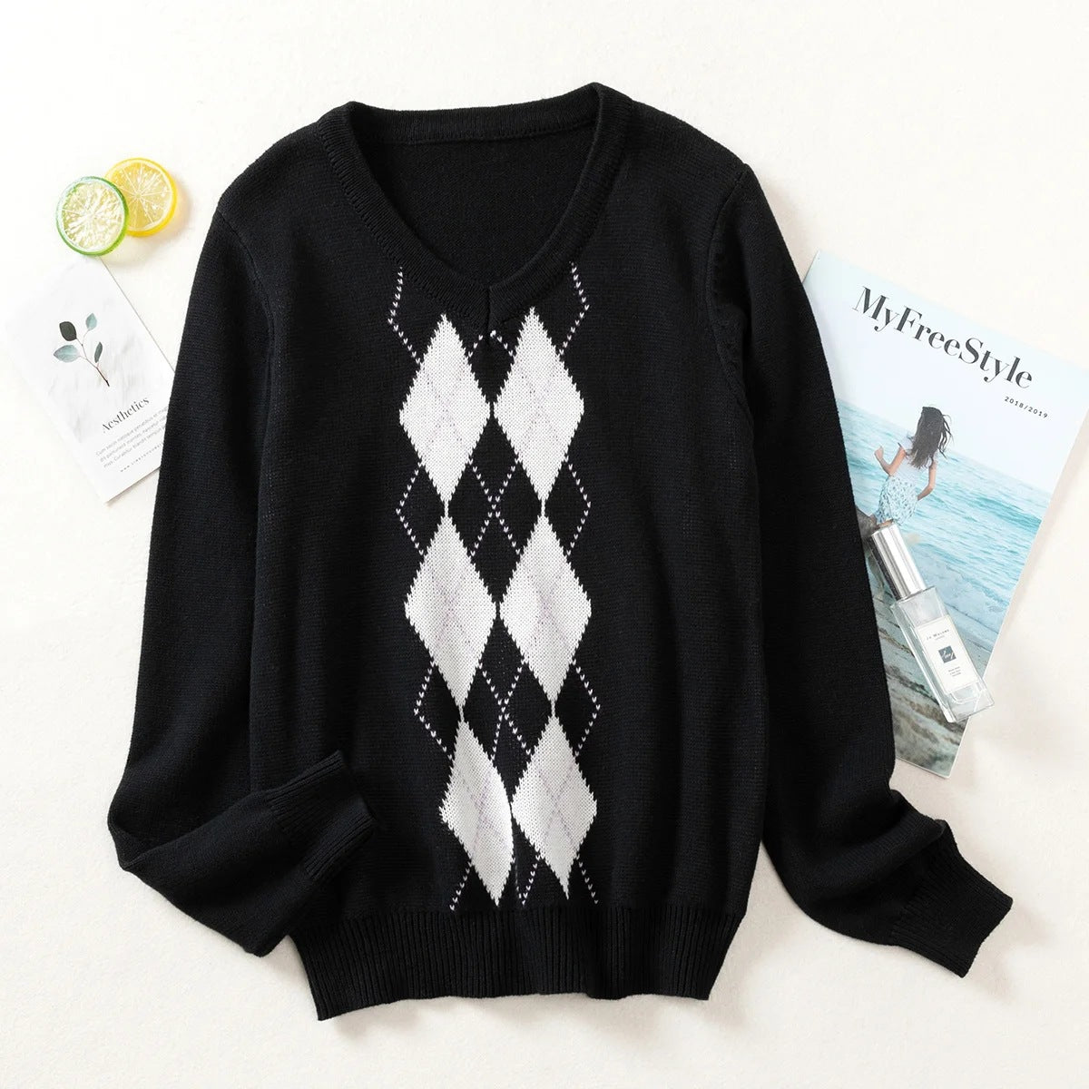 Black Diamond Lattice Knitting Sweater