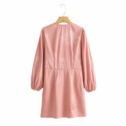Pink Lantern Sleeve Deep V Floral Bodycon Mini Dresses