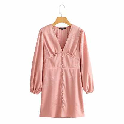 Pink Lantern Sleeve Deep V Floral Bodycon Mini Dresses