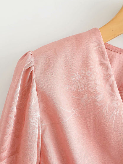 Pink Lantern Sleeve Deep V Floral Bodycon Mini Dresses