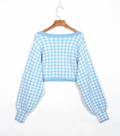 Single-breasted V-neck Lattice Grid Knitting Cardigans Sweaters