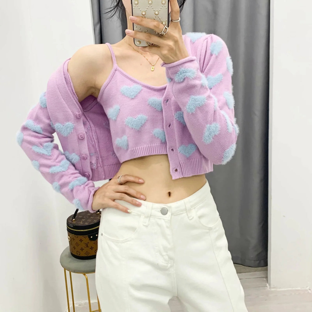 Knit Flock Love Shape Crop Vest Cardigan Single-breasted Two-piece Set