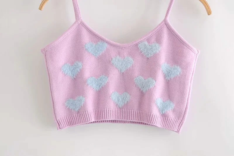 Knit Flock Love Shape Crop Vest Cardigan Single-breasted Two-piece Set