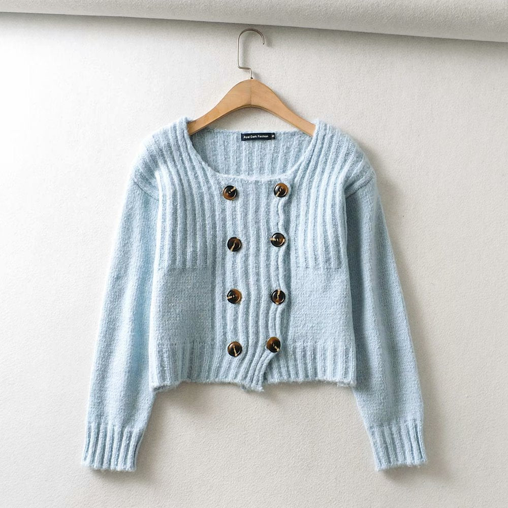 Knit Double-breasted Striped Crop Top Cardigans