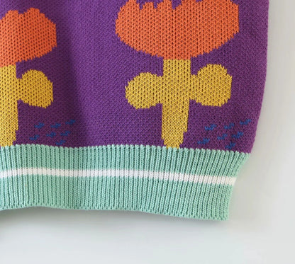 Floral Purple Knit Crop Vest Sweater